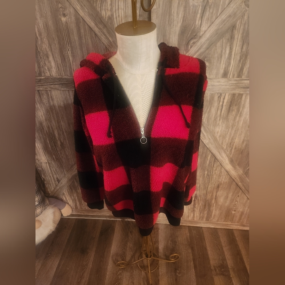 No Boundaries Red and Black Plaid Zip-Up Hoodie